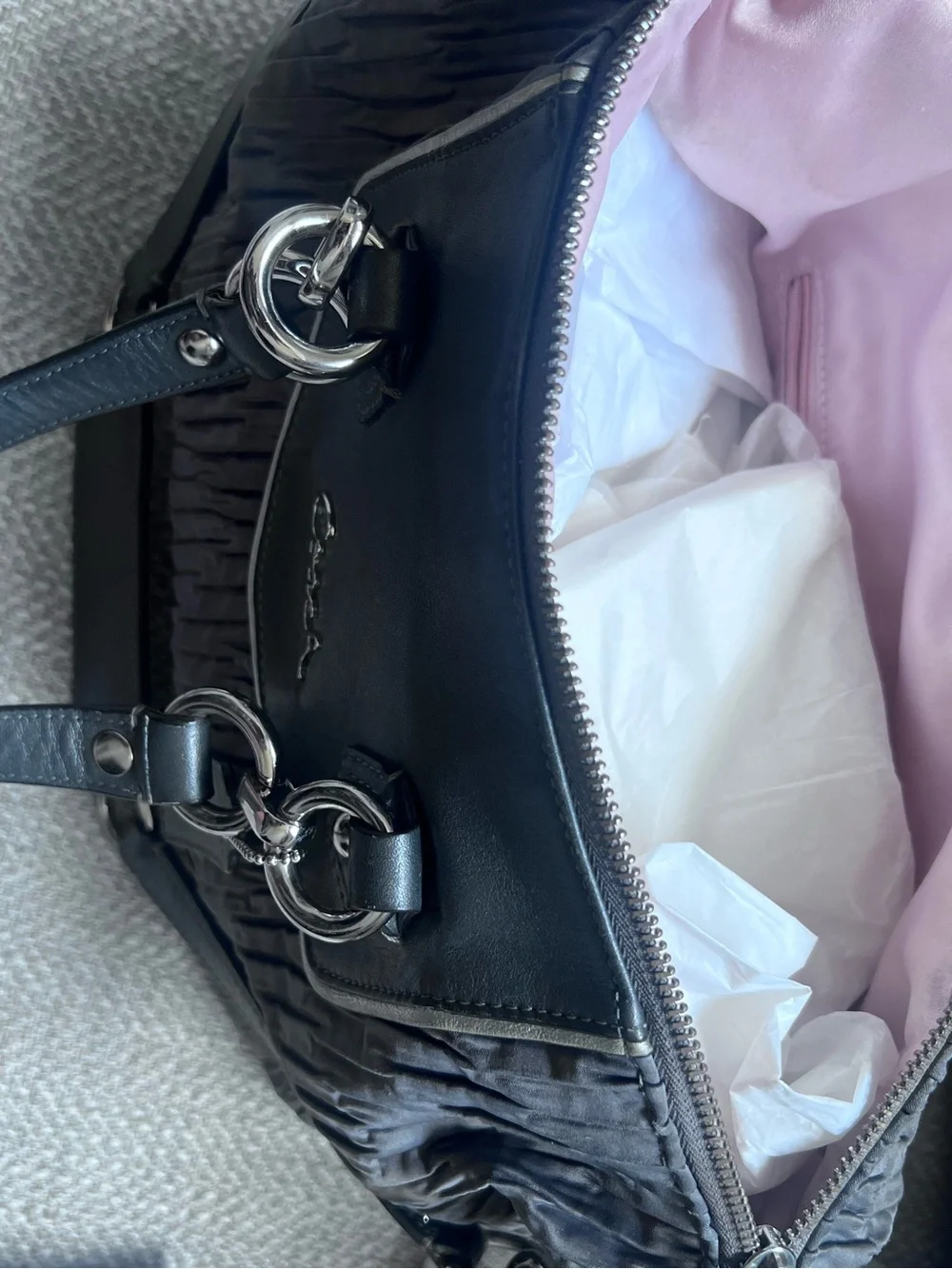 COACH F20084 Ashley Gathered Sateen Satchel Charcoal Gray Silver Hardware